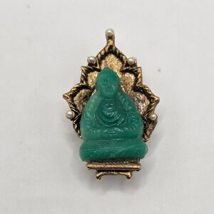 Ambassador Vintage Buddha Brooch Green Faux‎ Jade Gold Tone Faux Pearl Pin